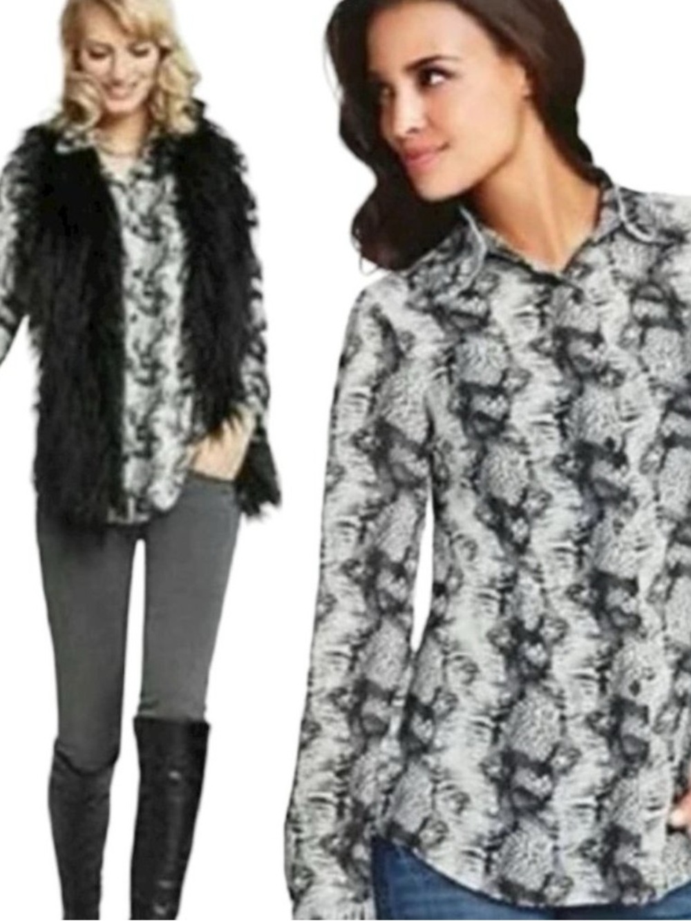 CAbi Snakeskin Print Long Sleeve Sheer Button Blouse